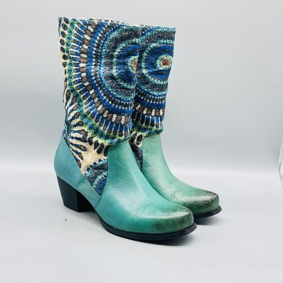 L'Artiste Spring Step Boots Womens 7.5 Blue Leather Peru Western Mid Calf Boho - Picture 2 of 11
